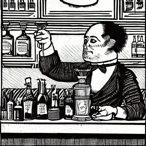 Image similar to anthropomorphic millipede bartender woodcut illustration by lews carroll