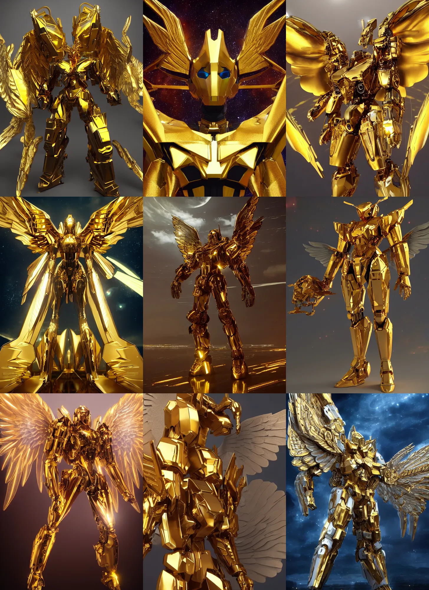 Prompt: angel, golden armored mech, shining metallic, god like, luminous body, with a cosmic like background. artstyle like artstation, octane render + full body image with symmetrical face, asymmetrical, cinematic unreal engine, hypermaximalist, highly detailed, massive wings, strong jawline, dynamic pose