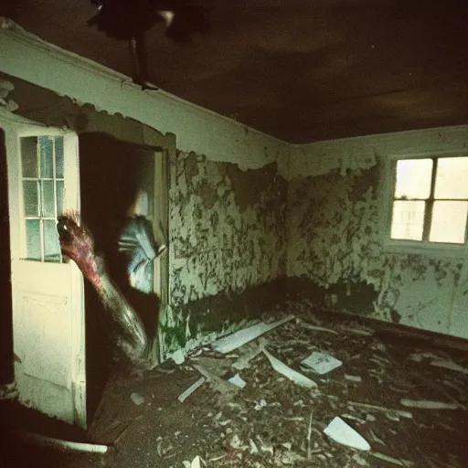 Image similar to 1 9 9 3, disposable camera, flash, old abandoned house, mutant flesh creature