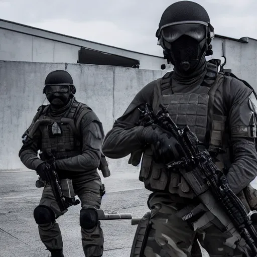 Special Forces in grey uniform with black body armor