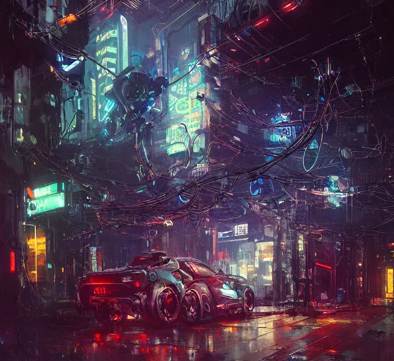 Prompt: robot cyborg unicorn, many wires and neon lights exposed, metal and glowing eyes, cyberpunk, highly detailed painting by jeremy mann and cd projekt red