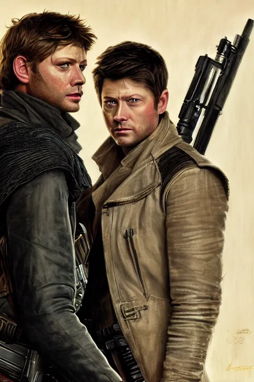 Image similar to a detailed matte portrait of jensen ackles dressed as has solo and misha collins as luke skywalker, masterpiece, 8 k, art by alphonse mucha and greg rutkowski