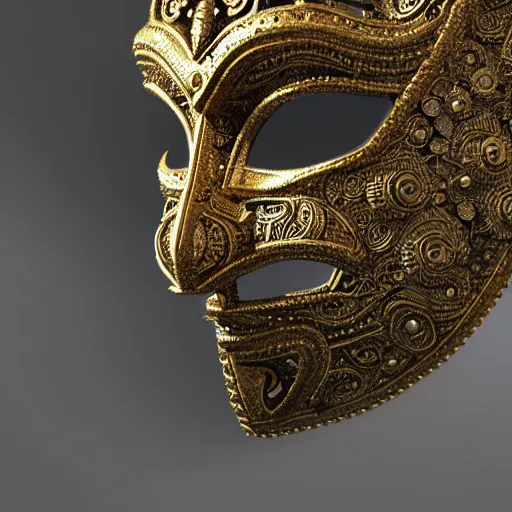 Image similar to an elaborate intricate mask surrounded by storm clouds, rendered in octane, behance hd, bokeh backdrop