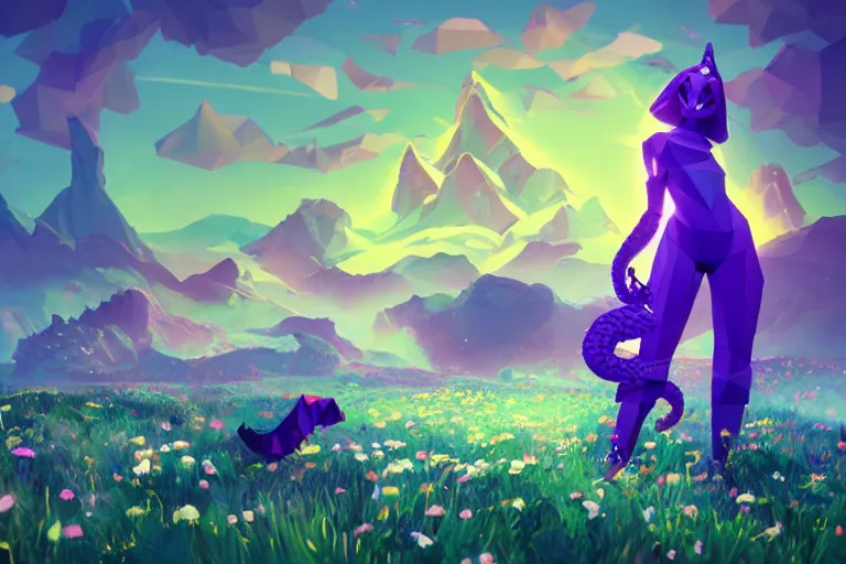 Prompt: lowpoly ps 1 playstation 1 9 9 9 glowing neon anthropomorphic behemoths great serpent maid standing in a field of daisies wearing converse shoes, swiss alps in the distance digital illustration by ruan jia on artstation