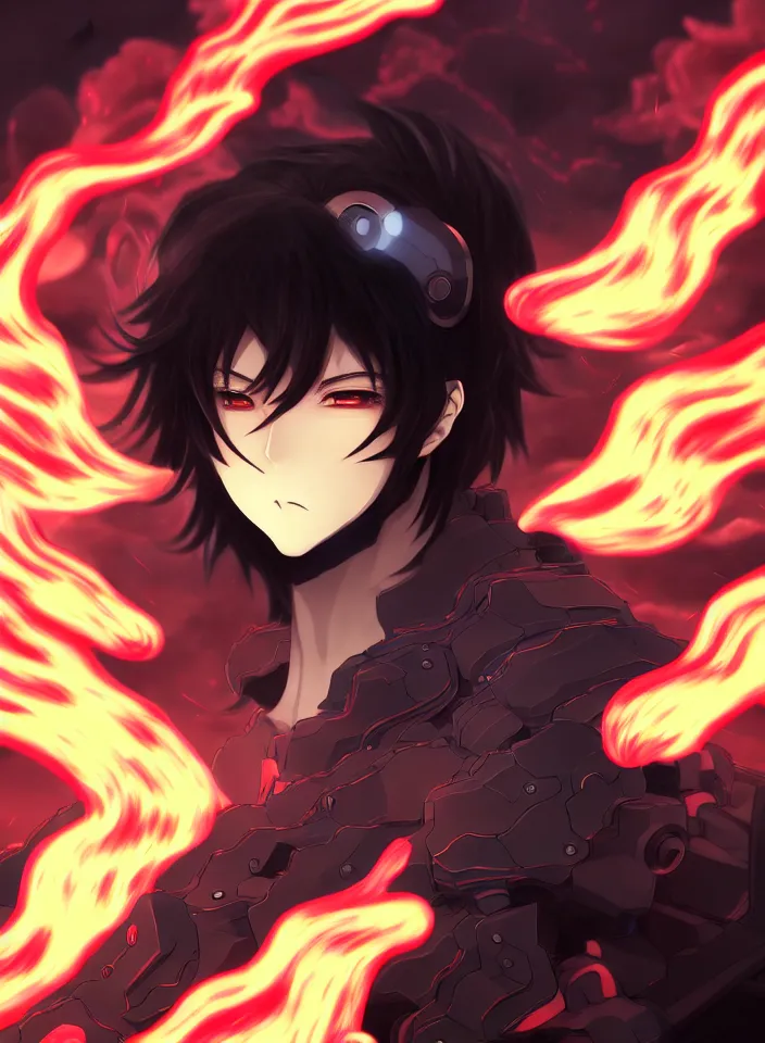 Image similar to a detailed manga illustration character full body portrait of a dark haired cyborg anime man surrounded by clouds of dark smoke and fire, trending on artstation, digital art, 4 k resolution, detailed, high quality, sharp focus, hq artwork, insane detail, concept art, character concept, character illustration, full body illustration, cinematic, dramatic lighting