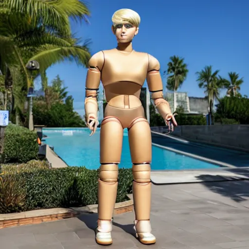 Image similar to a realistic detailed photo of a guy who is an attractive humanoid who is half robot and half humanoid, who is a male android, wrestler bo nickal, shiny skin, posing like a statue, blank stare, by the pool, on display, showing off his muscles, humanoid robot, frozen ice statue