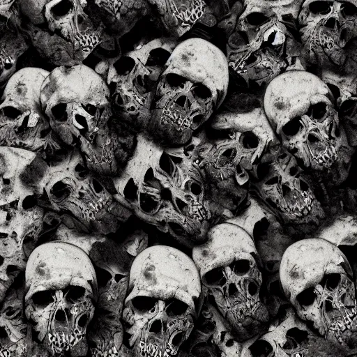 Prompt: vertical pile of skulls vomiting black tar, anka zhuravleva