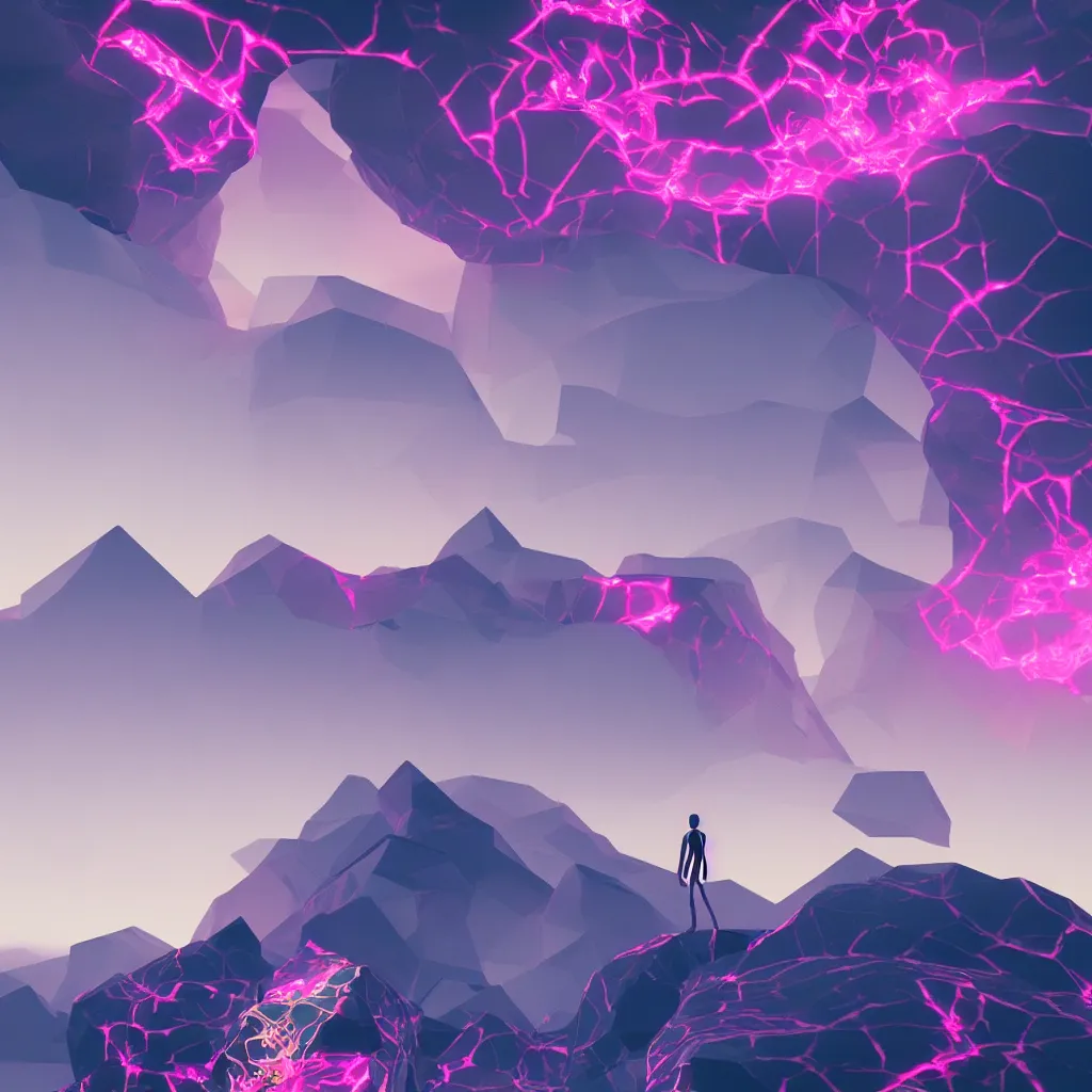 Image similar to manikin made of marble, fractal neon explosion revealing a portal to a vaporwave paracosm, mountains and city in background, rule of thirds, clean linework, dramatic, moody, introspective, cinematic, award winning, 4 k, trending on artstation, photorealistic, volumetric lighting, octane render