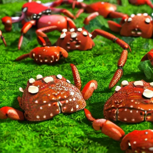 Prompt: large group of crabs and worms, crawling along a bed of moss, low poly, creeper world, handcrafted, artstation, hyperrealistic, hard light, best practices, creeptastic, photorealism, macro perspective, cuddly, Voidless of the Festival!