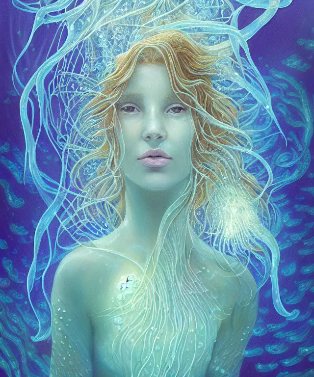 Image similar to underwater portrait of a goddess mermaid with (reaction diffusion) scaled fish skin Bioluminescent phoenix jellyfish, phoenix fire, chimera, energy rays, Her breath shot a haze of steam out into the frosty morning air concept, soft light, soft mood, realistic body features and face, illustration,intricate ornament halo, painting oil on canvas by Elena Zhurikhina and Goro Fujita and Charlie Bowater, octane render trending on artstation, 4k, 8k, HD