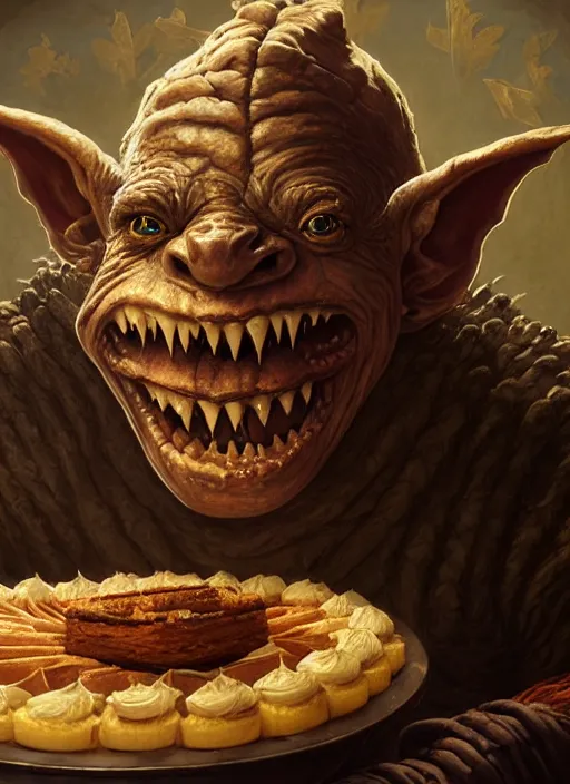Prompt: highly detailed closeup portrait of a medieval goblin eating cakes, stephen bliss, unreal engine, greg rutkowski, ilya kuvshinov, ross draws, hyung tae and frank frazetta, tom bagshaw, tom whalen, nicoletta ceccoli, mark ryden, earl norem, global illumination, god rays, detailed and intricate environment