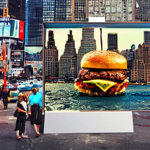 Image similar to giant delicious burger and fries splashes into New York city river, mind-bending digital art, macro photography 25mm, hollywood movie cinematic helicopter view