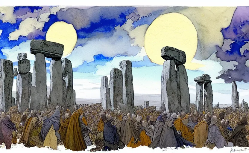 Image similar to a hyperrealist watercolour concept art of a group of grey medieval monks levitating a huge rock in the air over their head. a large stonehenge moneument is in the sky. by rebecca guay, michael kaluta, charles vess and jean moebius giraud. high detail, hq, wide shot