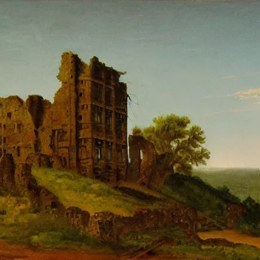 Prompt: a painting of a ruined castle, in the style of caspar david friedrich