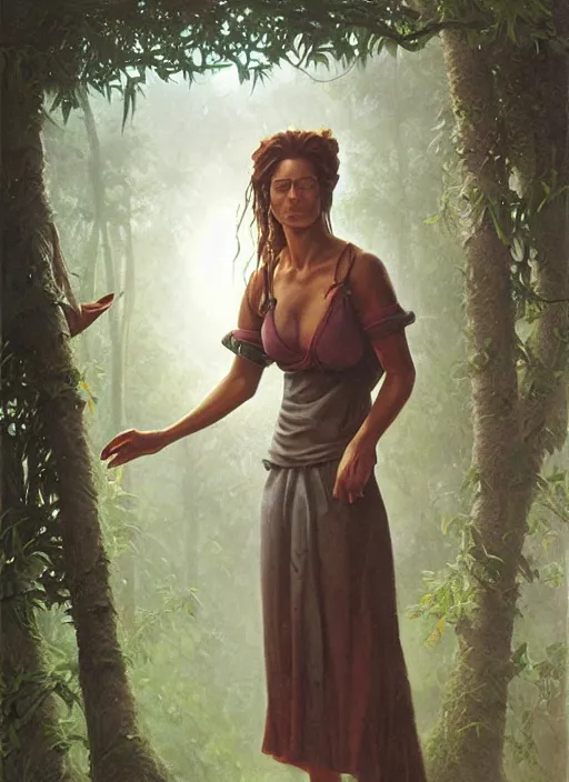 Prompt: a female herbalist in the jungle, art by christophe vacher