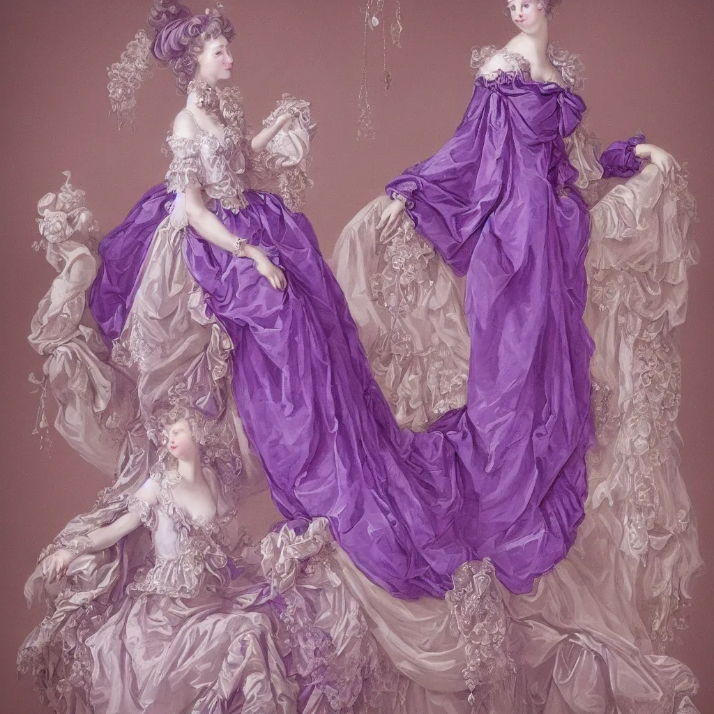 Image similar to purple dress design in the style of rococo,Victorian era,As elegant as a jellyfish,Jewelry twining,dreamy, soft,Backlight ,luminescence,highly detailed,8k