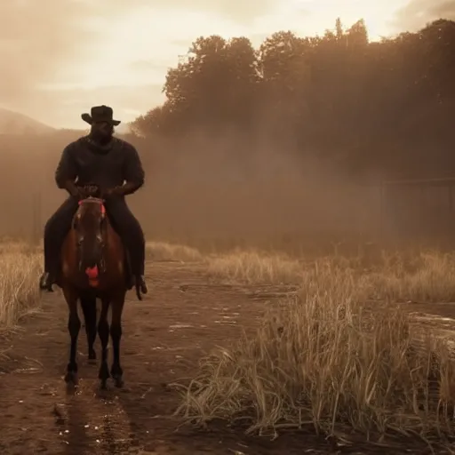 Image similar to kanye west as a horse in red dead redemption, splash art, movie still, detailed face, photorealistic facial features, cinematic lighting, dramatic, octane render, long lens, shallow depth of field, bokeh, anamorphic lens flare, 8 k, hyper detailed, 3 5 mm film grain