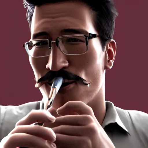 Image similar to a closeup photo of handsome gigachad markiplier smoking a cigar, 8k photorealism, extremly detailed, trending on artstation