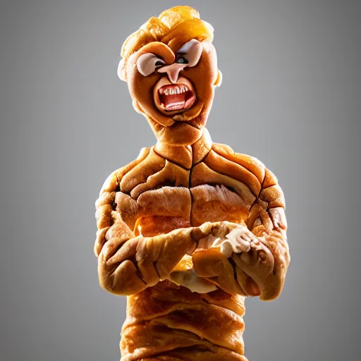 Prompt: Photorealistic man made out of Danish pastry, very angry, studio lighting.