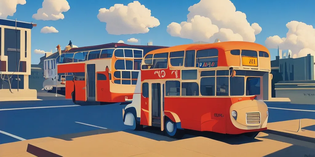 Prompt: a gigantic crab attacks a bus, blue sky, summer evening, kenton nelson