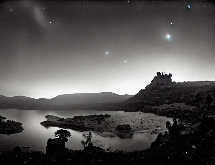 Image similar to wanderer, eerie, greek fantasy panorama, a magnificent lizard ghost giant above the magic shining river styx, at night, otherworldly, ghost giant above the horizon, stanley kubrick, 1 7 mm, wide shot, surreal, deep