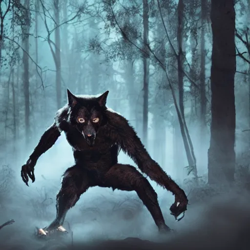 Prompt: photo of a human partially transforming into a werewolf, in the moonlit forest. physiological transformation ; hybrid creature. highly - detailed ; photorealistic.