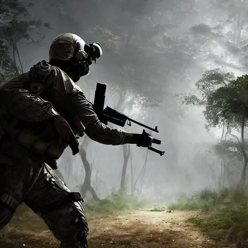 Image similar to Mercenary Special Forces soldier in light grey uniform with black armored vest and helmet launching an ambush attack in the jungles of Tanoa, combat photography by Feng Zhu, highly detailed, excellent composition, cinematic concept art, dramatic lighting, trending on ArtStation