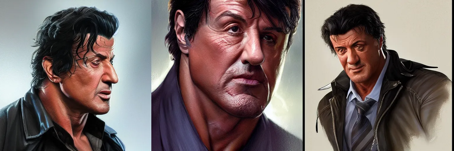 Prompt: portrait of Sylvester Stallone as a detective, highly detailed, digital painting, artstation, concept art, sharp focus, illustration, art by artgerm and greg rutkowski and alphonse mucha