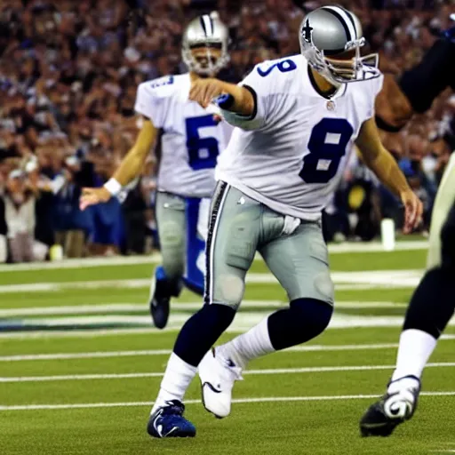 Prompt: tony romo fumbling the hold on an extra point, high definition, cinematic, emotional, thrilling,