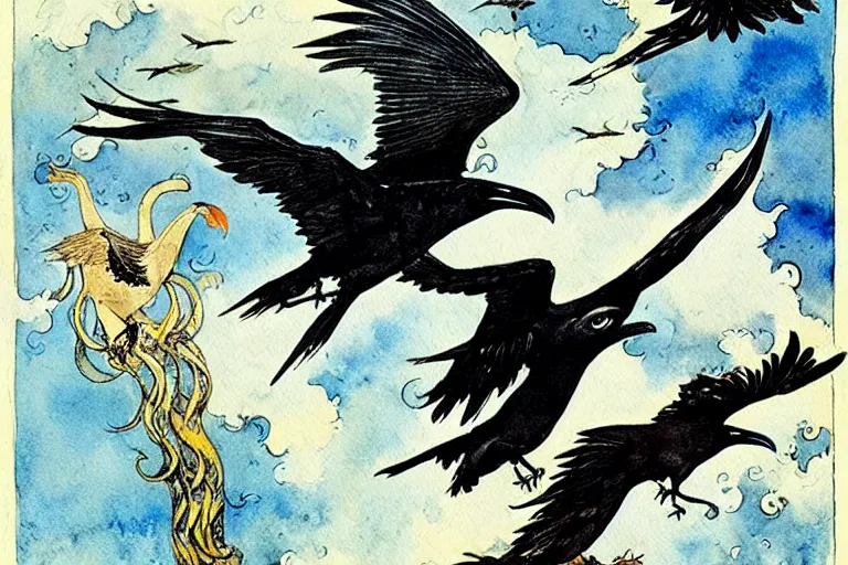 Prompt: six ravens flying art by kay nielsen and walter crane, illustration style, watercolor