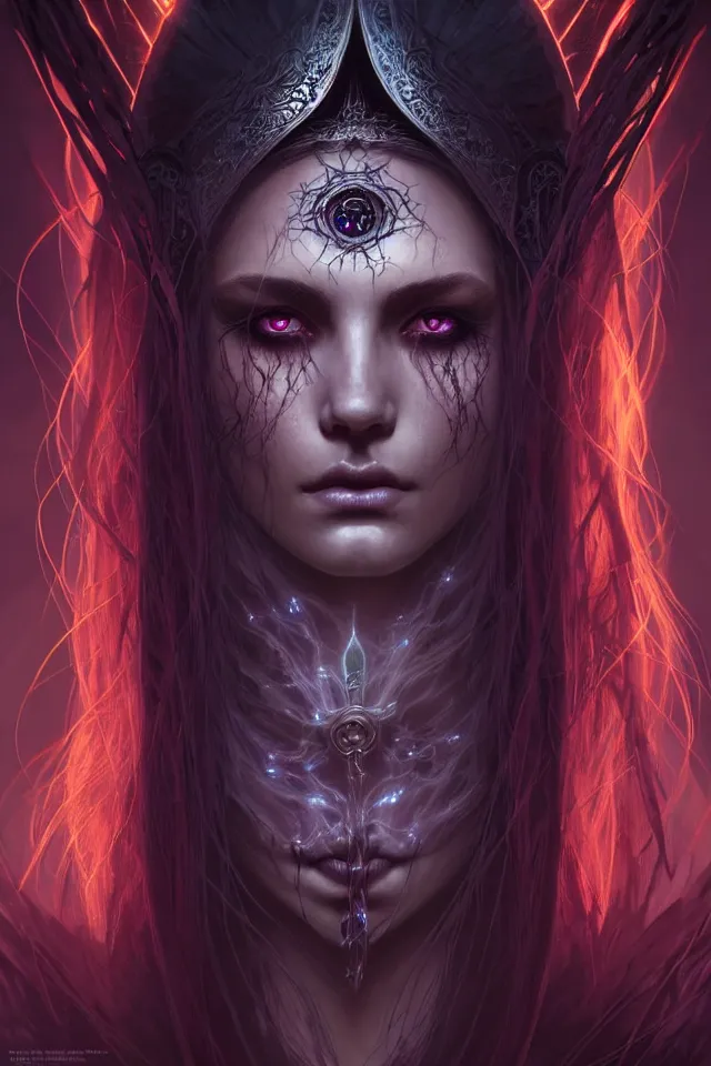 Image similar to Necromancer Sorceress face close-up macro in center, fantasy magic, undercut hairstyle, dark light night, intricate, elegant, sharp focus, illustration, highly detailed, digital painting, concept art, matte, art by WLOP and Artgerm and Greg Rutkowski and Alphonse Mucha, masterpiece