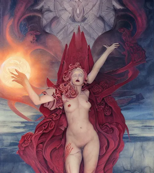 Prompt: blood rose devil nightmare of the maiden in the fortress of lies, by annie swynnerton and tino rodriguez and charlie bowater and tom bagshaw and nicholas roerich and jean delville and evelyn de morgan and lucien freud, dramatic lighting, floral tattoos, rich colors, smooth sharp focus, anime key visual, extremely detailed, adolf wolfli