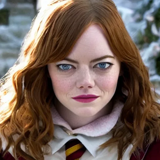 Image similar to emma stone as hermione granger, in hogsmeade