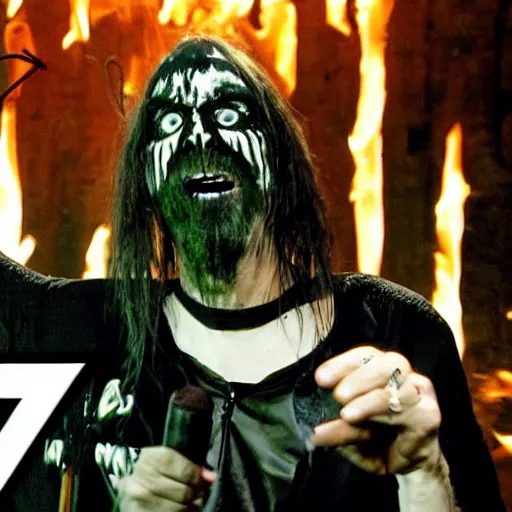 Image similar to Jim Carrey plays in a black metal band with a church on fire on the background