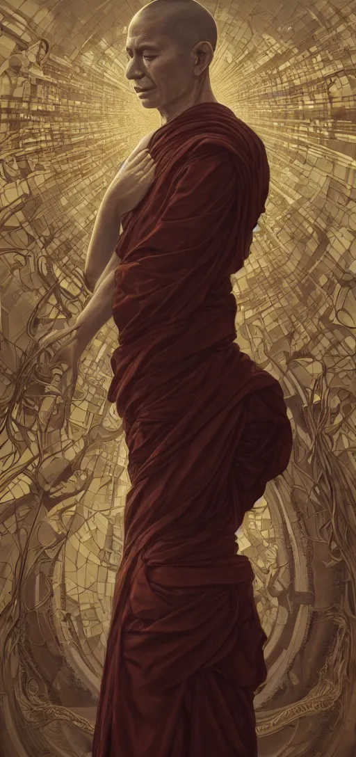 Prompt: ultra realistic illustration, a serene buddhist monk experiencing ego death, cyberpunk, sci-fi, fantasy, intricate, elegant, highly detailed, digital painting, artstation, concept art, smooth, sharp focus, illustration, art by artgerm and greg rutkowski and alphonse mucha, rene magritte, surrealism