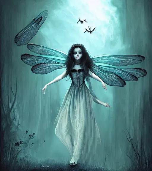 Image similar to gothic fairy with dragonfly wings, digital painting, liminal eerie midnight backlit, a picture taken by Michael Komarck