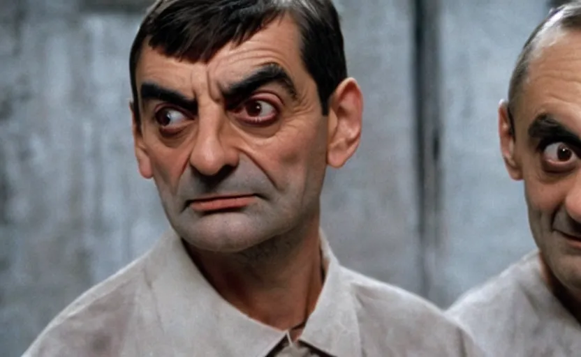 Image similar to silence of the lambs but it's mister bean