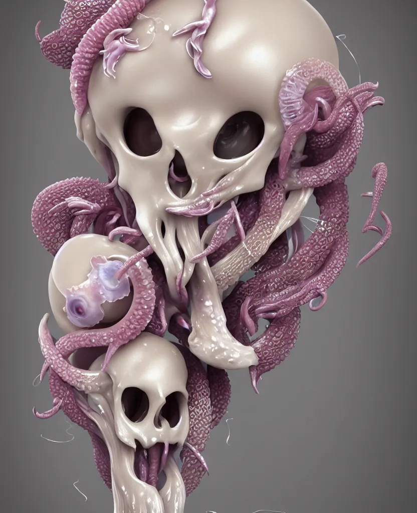 Image similar to goddess princess beautiful face close-up portrait ram skull plasticine sculpture. jellyfish phoenix head, nautilus, orchid, skull, betta fish, bioluminiscent creatures, intricate artwork by Tooth Wu and wlop and beeple. octane render, trending on artstation, greg rutkowski very coherent symmetrical artwork. cinematic, hyper realism, high detail, octane render, 8k