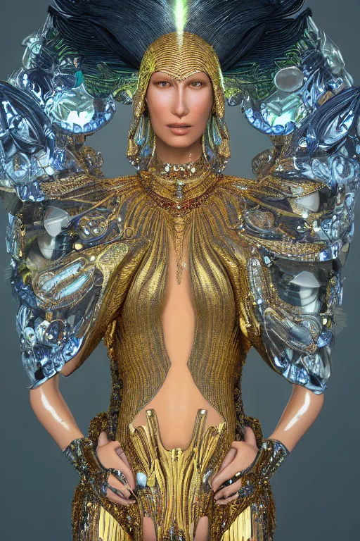 Image similar to a highly detailed metahuman 4 k close up render of an alien goddess bella hadid as kali in iris van herpen dress schiaparelli in diamonds swarovski and jewelry in style of alphonse mucha gustav klimt trending on artstation made in unreal engine 4