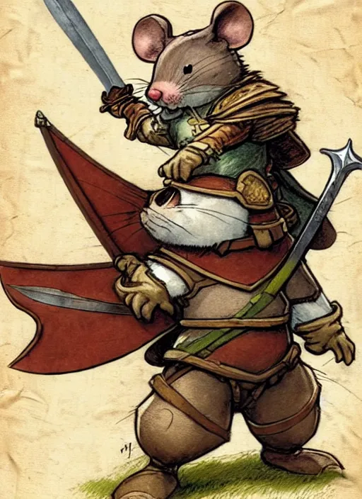 Image similar to a heroic mouse knight with sword and shield on a parchment background, redwall, greg rutowski and jean baptiste monge, detailed, epic fantasy concept art