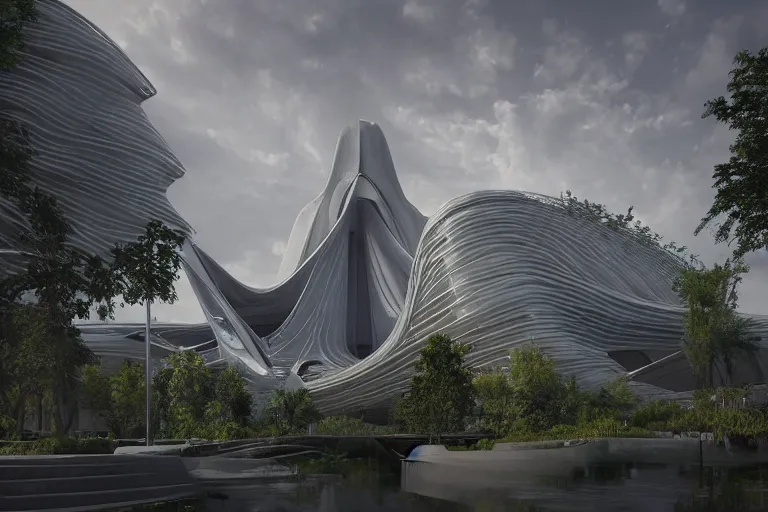 Image similar to extremely detailed cathedral designed by Zaha Hadid surrounded by a forest, stunning volumetric light, sunset, metal, concrete and translucent material, stunning skies, trending on Artstation, 8k, photorealistic, hyper detailed, unreal engine 5, IMAX quality, cinematic, epic lighting, in the style of Greg Rutkowski