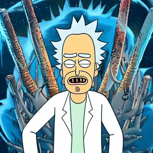 Image similar to Bill Murray playing Rick Sanchez, with spikey grey hair, and wearing a white lab coat, real-life action movie of Rick & Morty announced, poster art