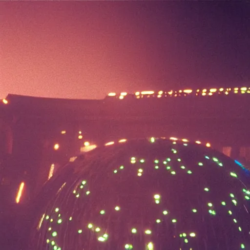 Image similar to 35mm film still blade runner set on Mars in an neon city, domes made of glas