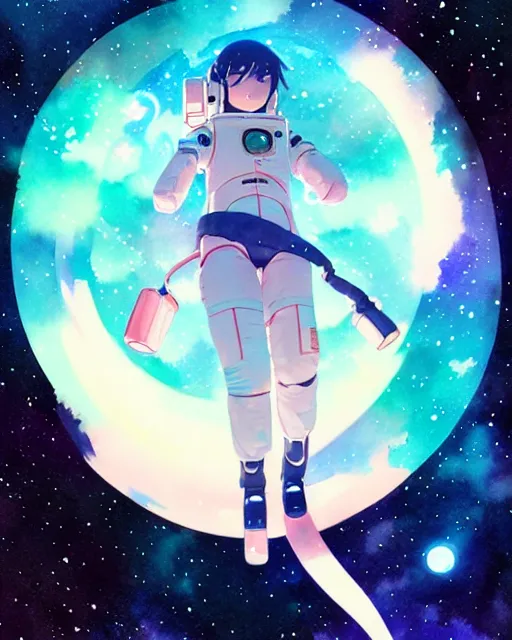 Image similar to oriental water color of a cute thicc astronaut woman, floating through space, backlit, by makoto shinkai and krenz cushart