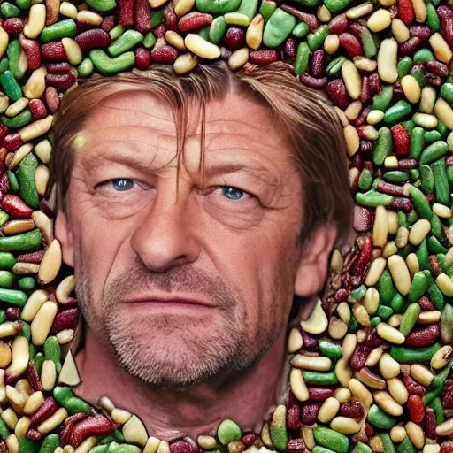 Image similar to a portrait of of sean bean constructed from beans, baked beans, lima beans, string beans, collage, drop shadow, organic, layered composition, layers, texture, mcu, petals, highly textured, layered, sculpted, dynamic,