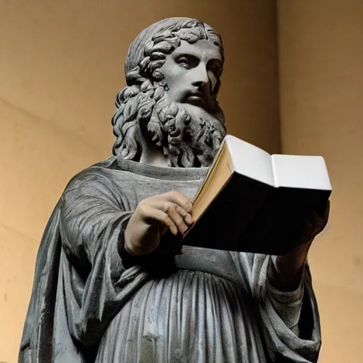 Prompt: greek statue of leonardo davinci holding a book, realistic, photorealistic