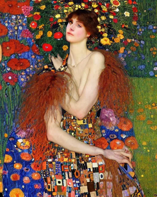 Image similar to a beautiful woman in a colorful dress surrounded by colorful patterns and flowers by gustave klimt and edgar maxence and john william waterhouse and michael whelan, artistic, intricate realistic fantasy, extremely detailed and beautiful face, 8 k resolution, dramatic lighting