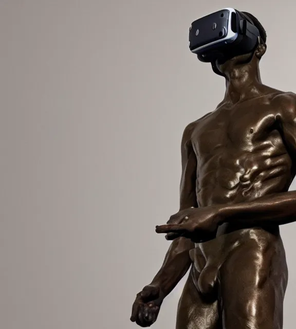 Image similar to a 4 k photorealistic photo medium shot of a bronze statue of a man wearing a vr headset.