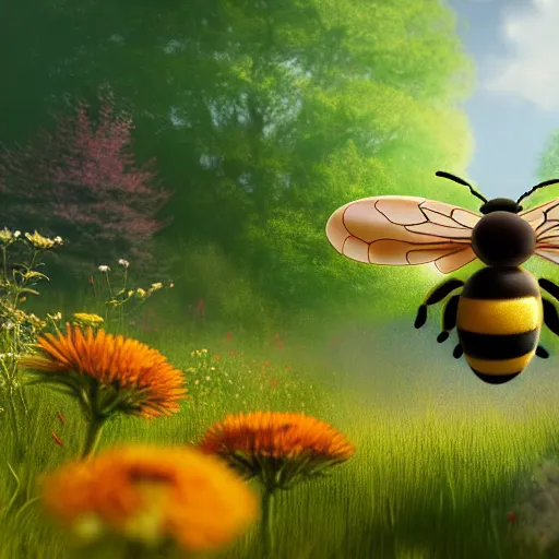Prompt: large cute bee flying to crimson - black cute bee art school, in a beautiful forest meadow village landscape, flowers, happy trees, photorealistic, octane render, rtx, hdr, unreal engine, digital art widescreen 8 k, studio ghibli, disney, wlop