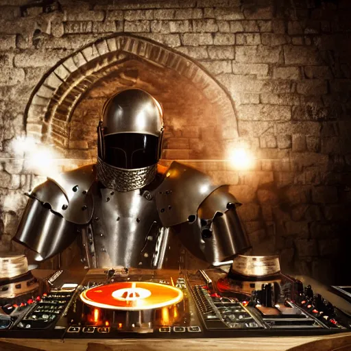 Image similar to photograph of a dubstep dj in medieval crusader armor djing during a medieval party, 8 k resolution, high detail